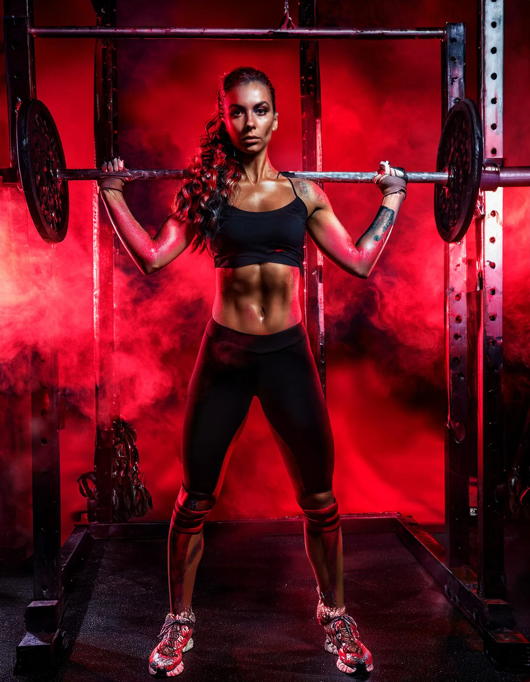 Firefly UNa mujer entrenando en un gimnasio colores mas rojos y negros 72251 (1)